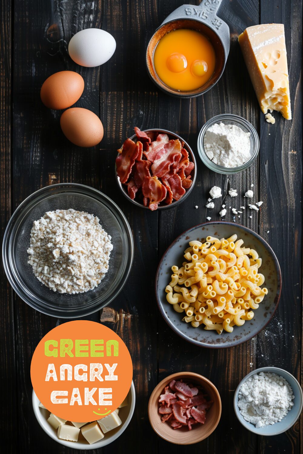 Top-down view of ingredients for mac & cheese, including bacon, pasta, cheese, eggs, butter, flour, and milk, arranged neatly on a dark wooden surface.