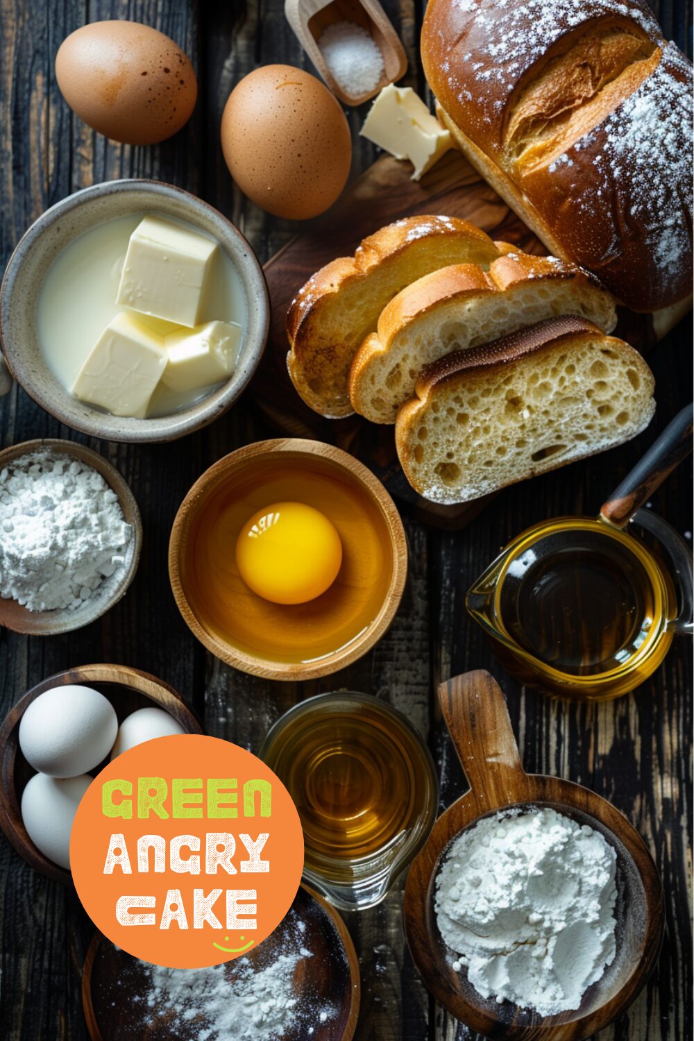 Top-down view of ingredients for brioche French toast, including brioche bread, eggs, cream, milk, sugar, butter, and oil on a dark wooden surface.