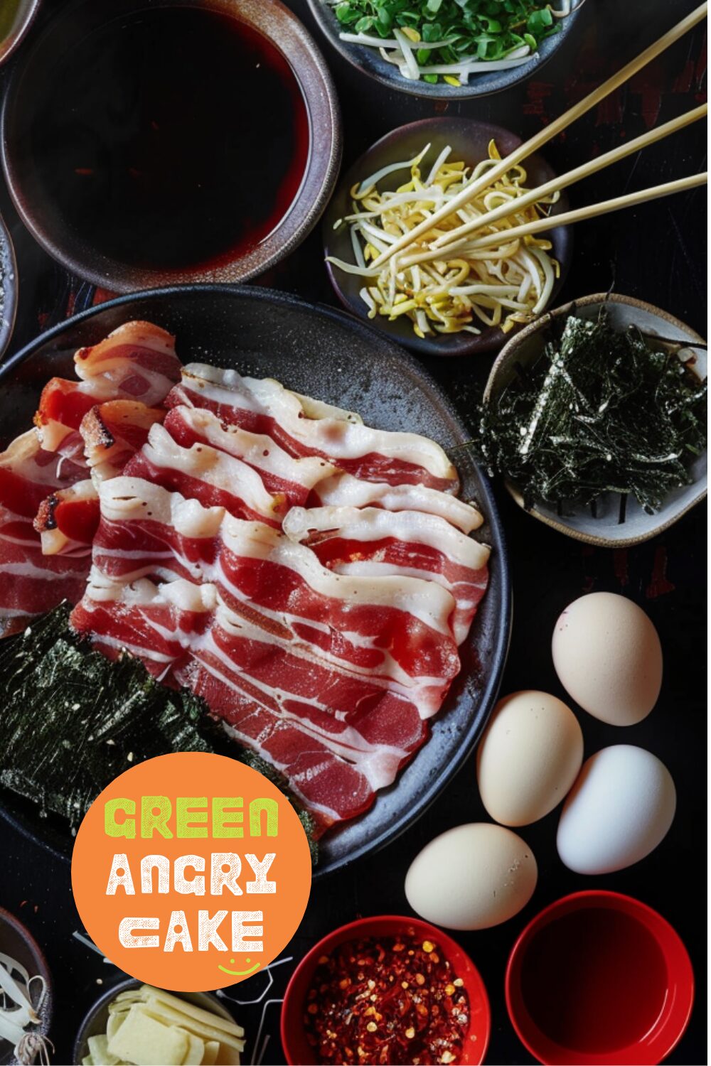 Flat lay of ingredients for Bacon and Egg Breakfast Ramen including thick ramen noodles, pork belly slices, eggs, soy sauce, minced garlic, chili flakes, mirin, rice vinegar, sesame oil, dashi granules, seaweed strips, sliced green onions, katsuobushi, and toasted black sesame seeds, arranged on a dark textured surface with a red plate.