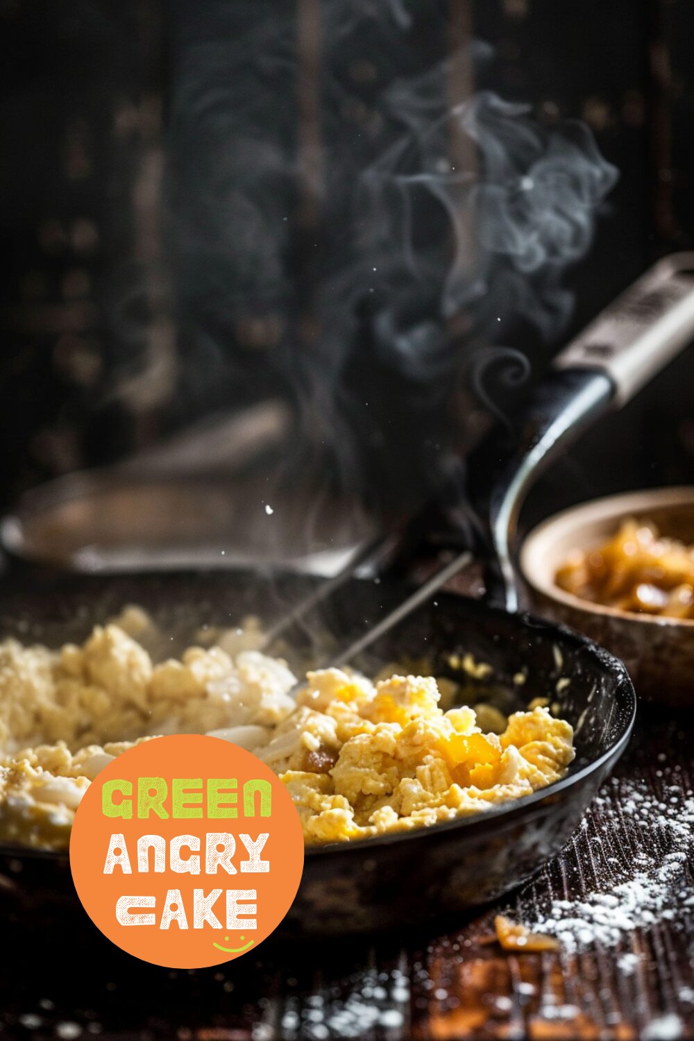 Close-up side view of scrambled eggs being stirred in a non-stick pan with caramelized onions in a small pan next to it, on a dark textured surface.