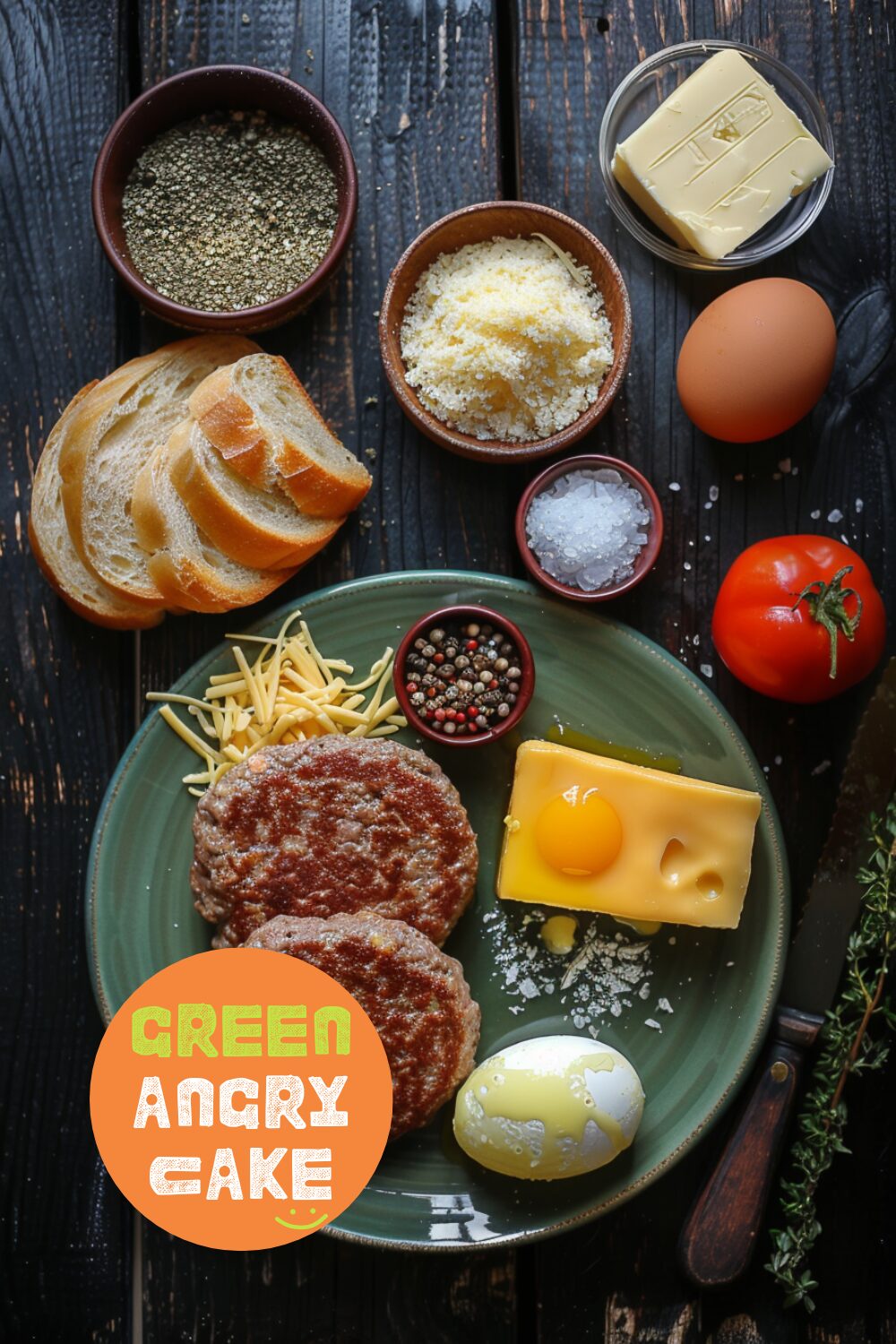 Flat lay of ingredients for a cheeseburger and egg grilled cheese: bread, ground beef patties, shredded cheese, an egg, salt, pepper, oil, and butter on a red plate.