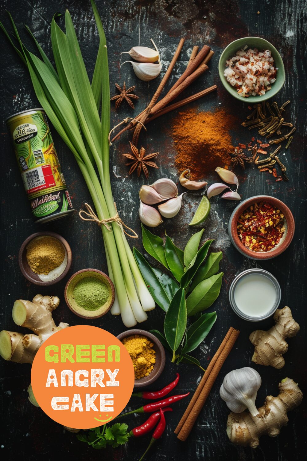 Ingredients for coconut chicken curry laid out on a dark, black wooden texture surface. Includes fresh lemongrass, garlic, shallots, ginger, Thai chilis, curry powder, turmeric, cinnamon stick, star anise, lime leaves, chicken pieces, and a can of coconut milk.