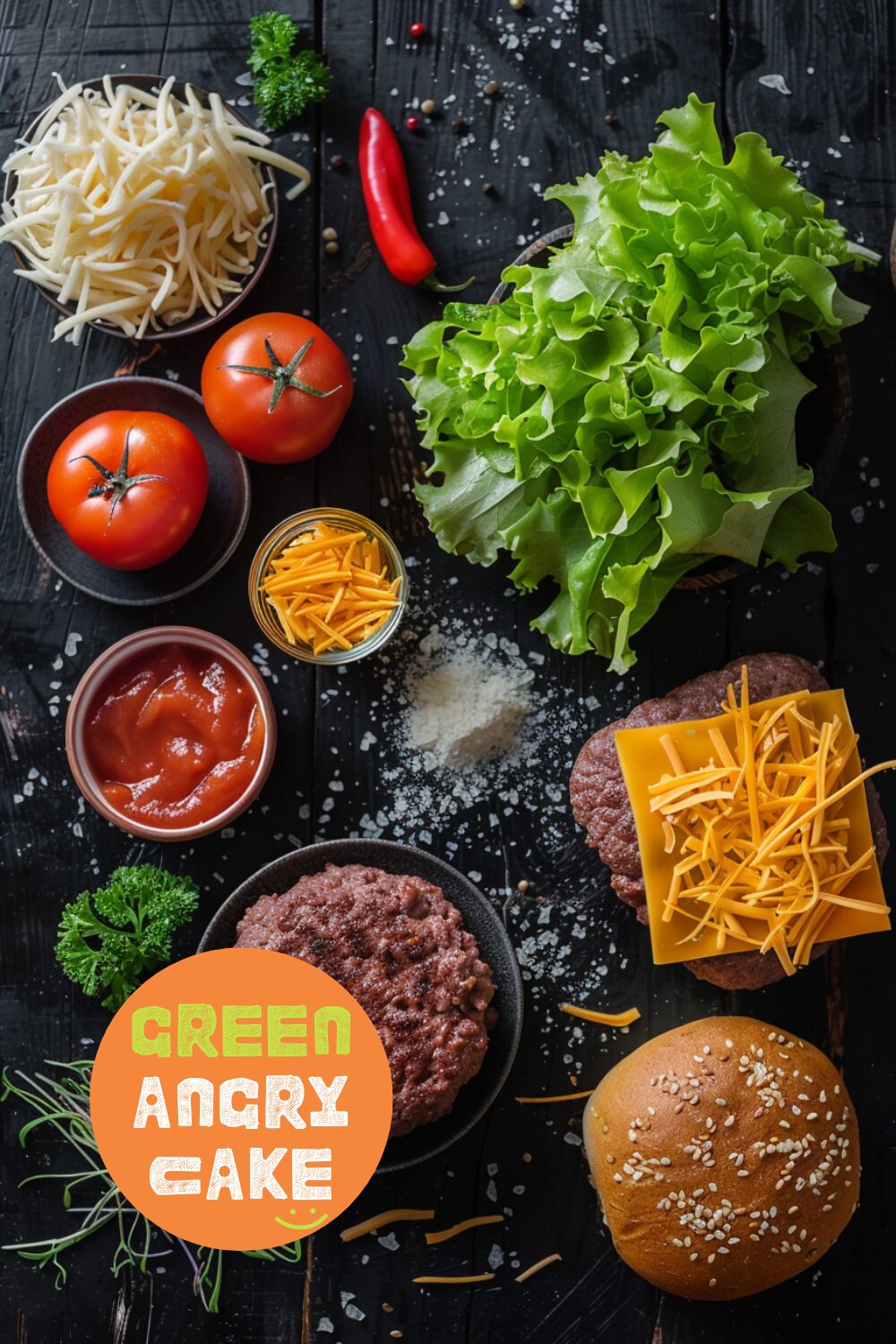 Ingredients for the Juicy Lucy burger laid out on a dark, black wooden texture surface. Includes ground beef, shredded cheese, burger bun, lettuce, tomato, and condiments.