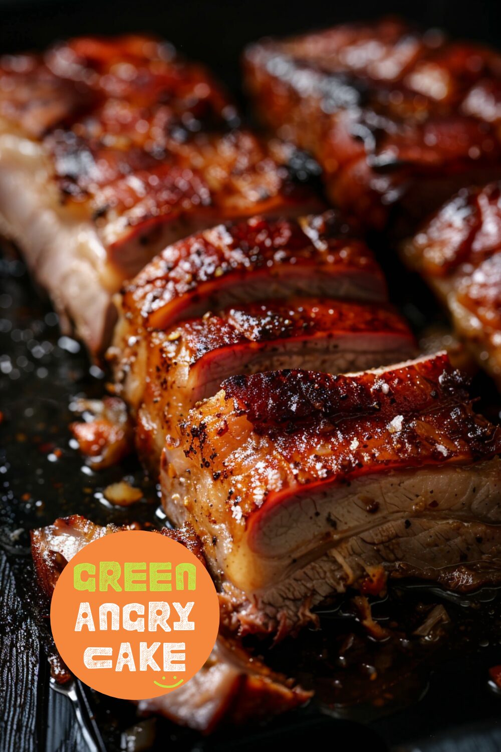 Close-up side view of porchetta crisping in a pan, highlighting the edges.