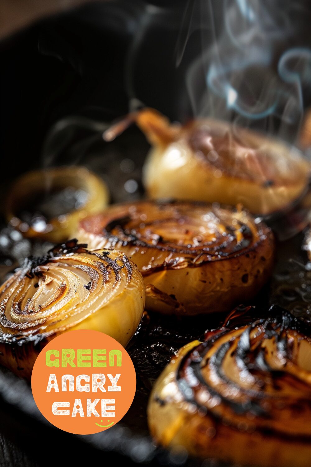 Close-up shot of charred onions and ginger in a pan on a dark, black wooden texture surface, highlighting the charring process.