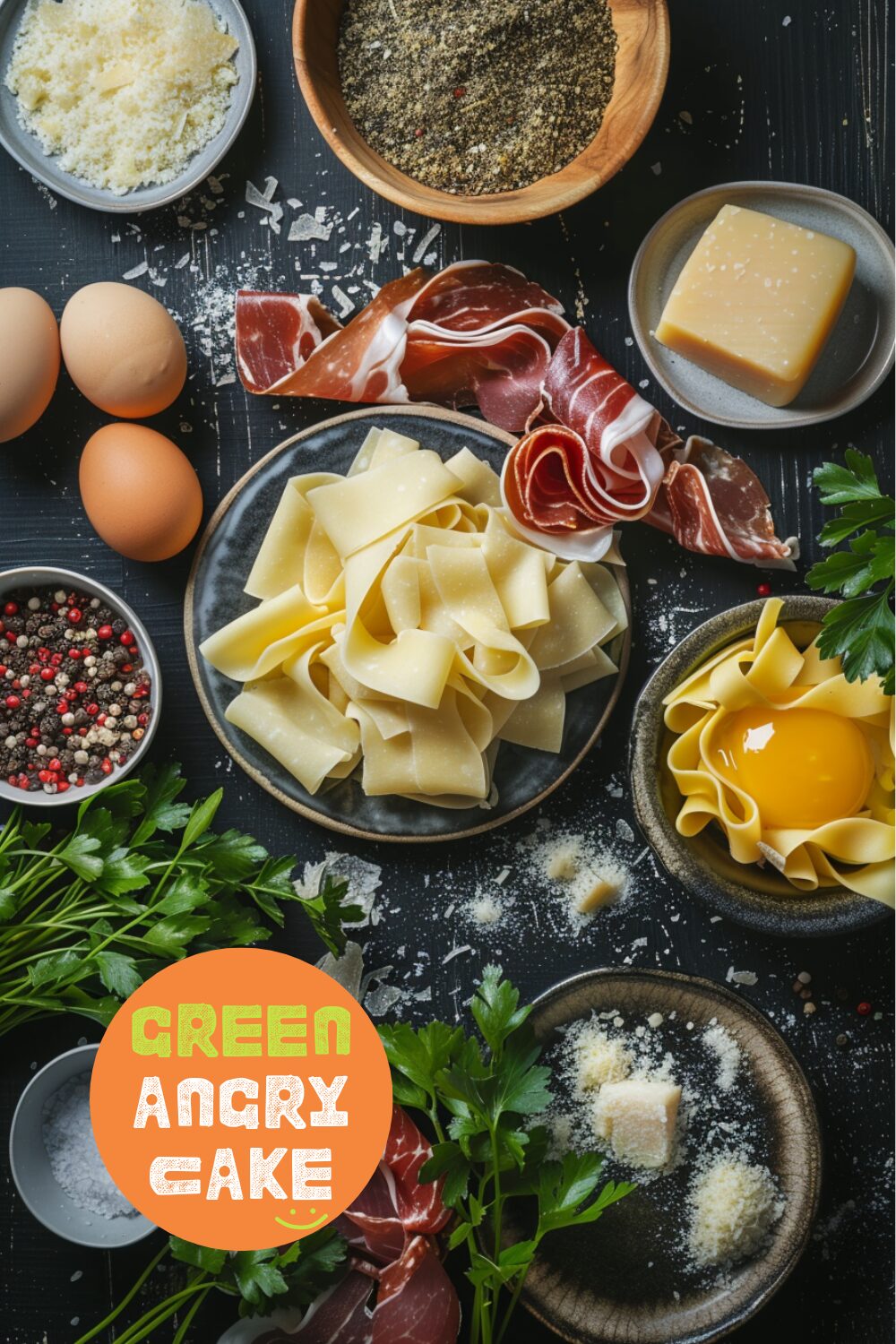 Ingredients for prosciutto ragu laid out on a dark, black wooden surface. Includes prosciutto, Parmigiano-Reggiano cheese, an egg, freshly ground pepper, flat leaf parsley, and pappardelle pasta.