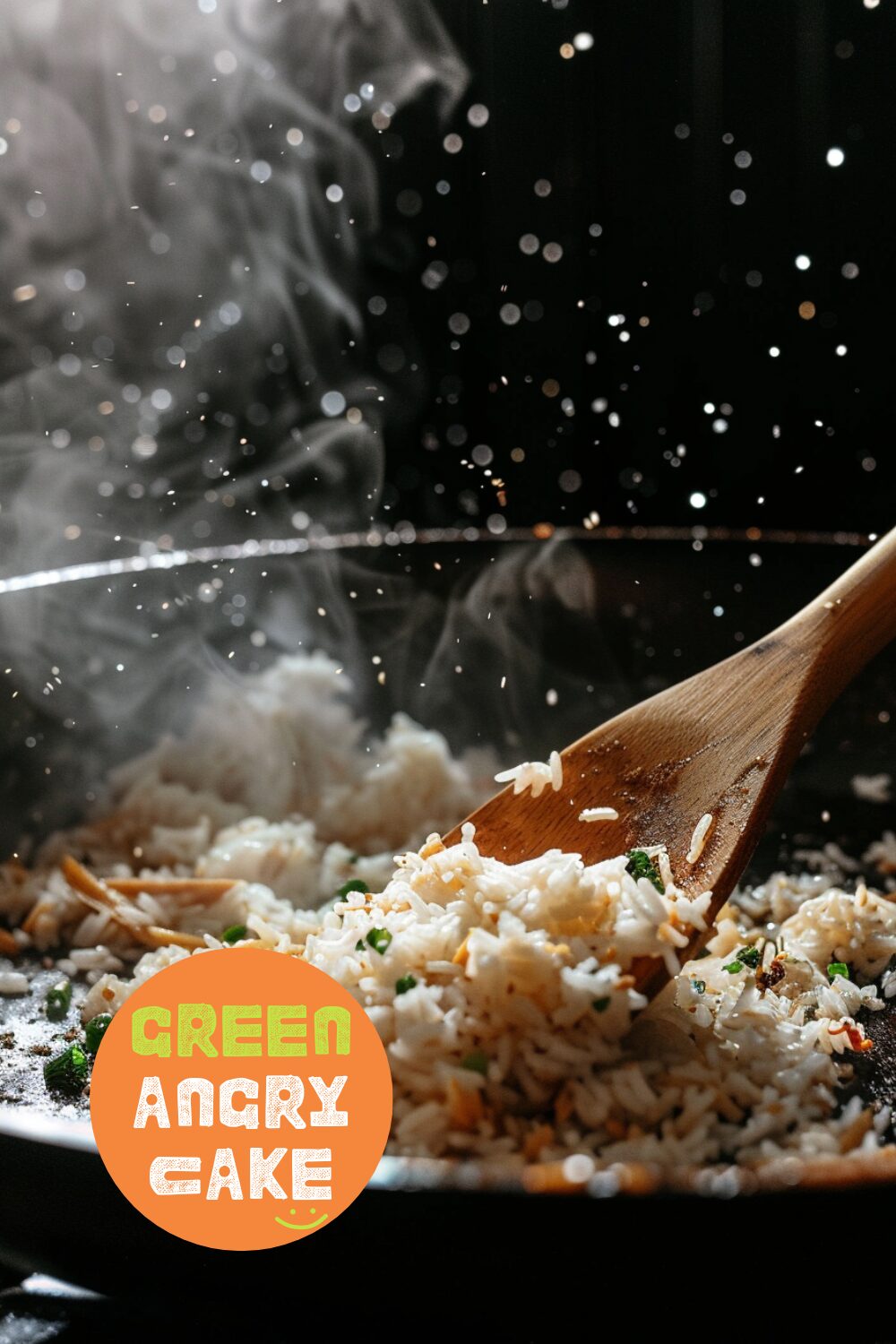 Close-up shot of rice turning golden brown in a frying pan on a dark, black wooden texture surface.