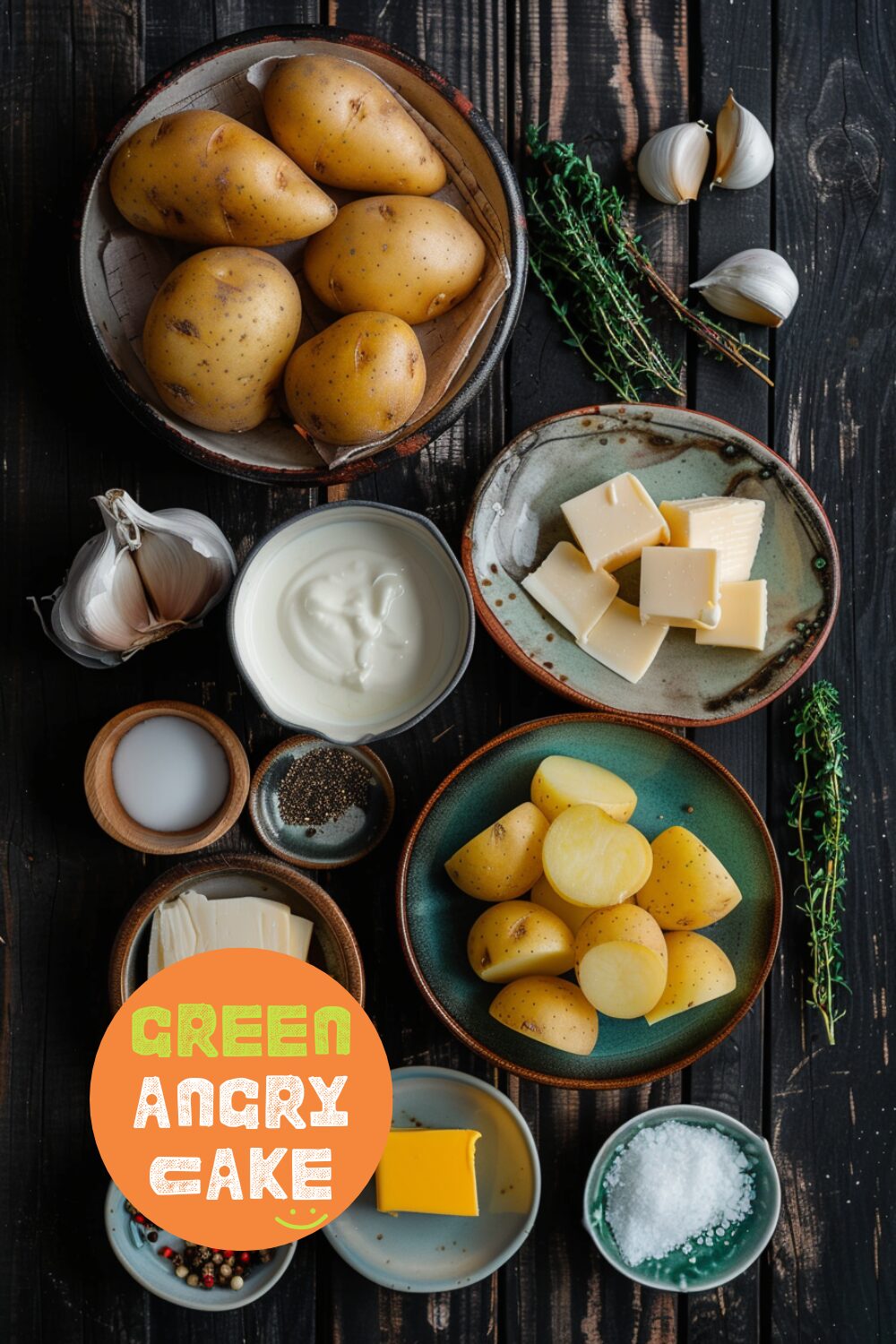 Ingredients for scalloped potatoes laid out on a dark, black wooden surface, including potatoes, heavy cream, whole milk, garlic cloves, fresh thyme, Gruyère cheese, butter, salt, and pepper.