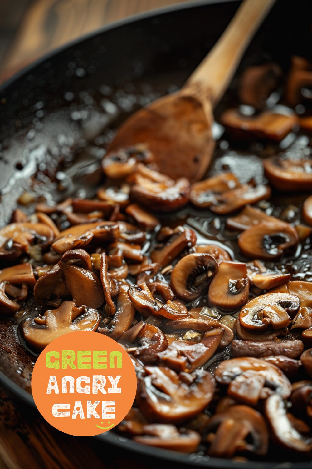 Close-up shot of minced mushroom stems being sautéed in a pan on a dark, black wooden surface.