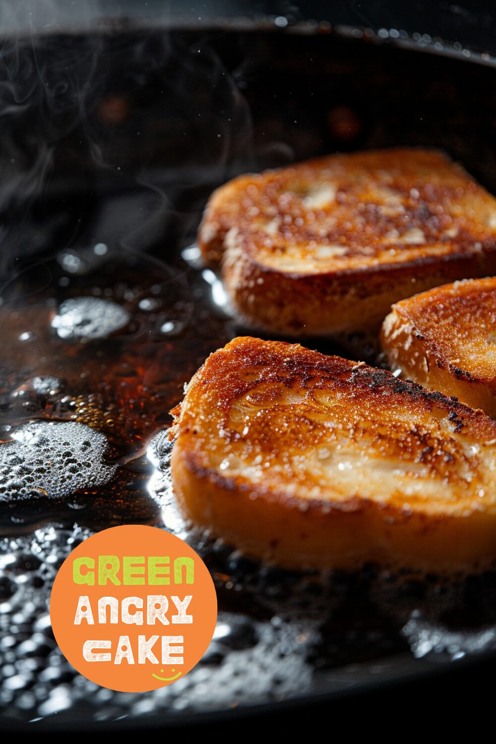 Close-up shot of golden, crispy Texas toast frying in a pan, set against a dark, black wooden background.