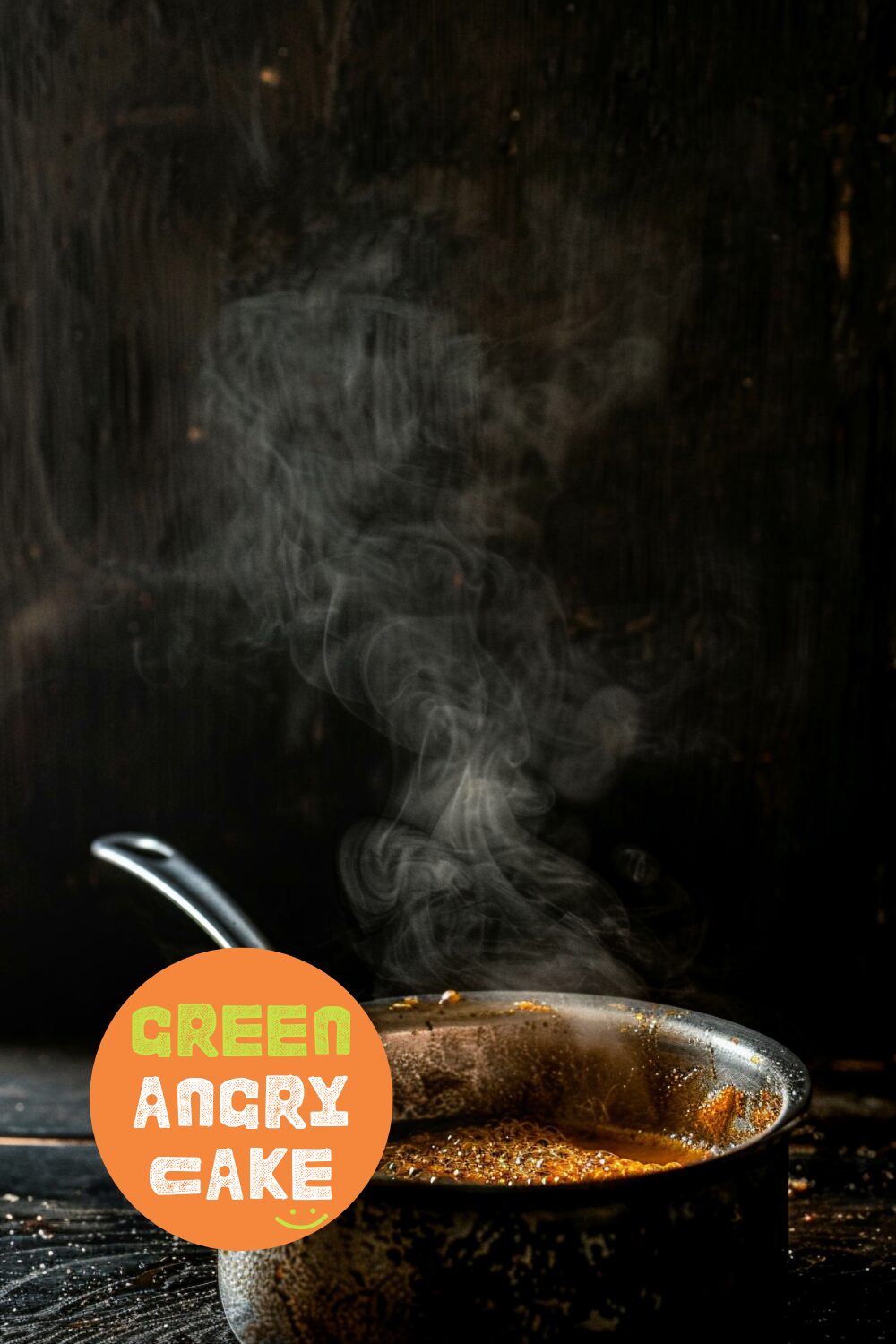 Capture the cooking process, focusing on the simmering sauce in a small saucepan. Use a close-up shot from the side, highlighting the bubbling and thickening sauce. The background should be a dark, black wooden texture surface.