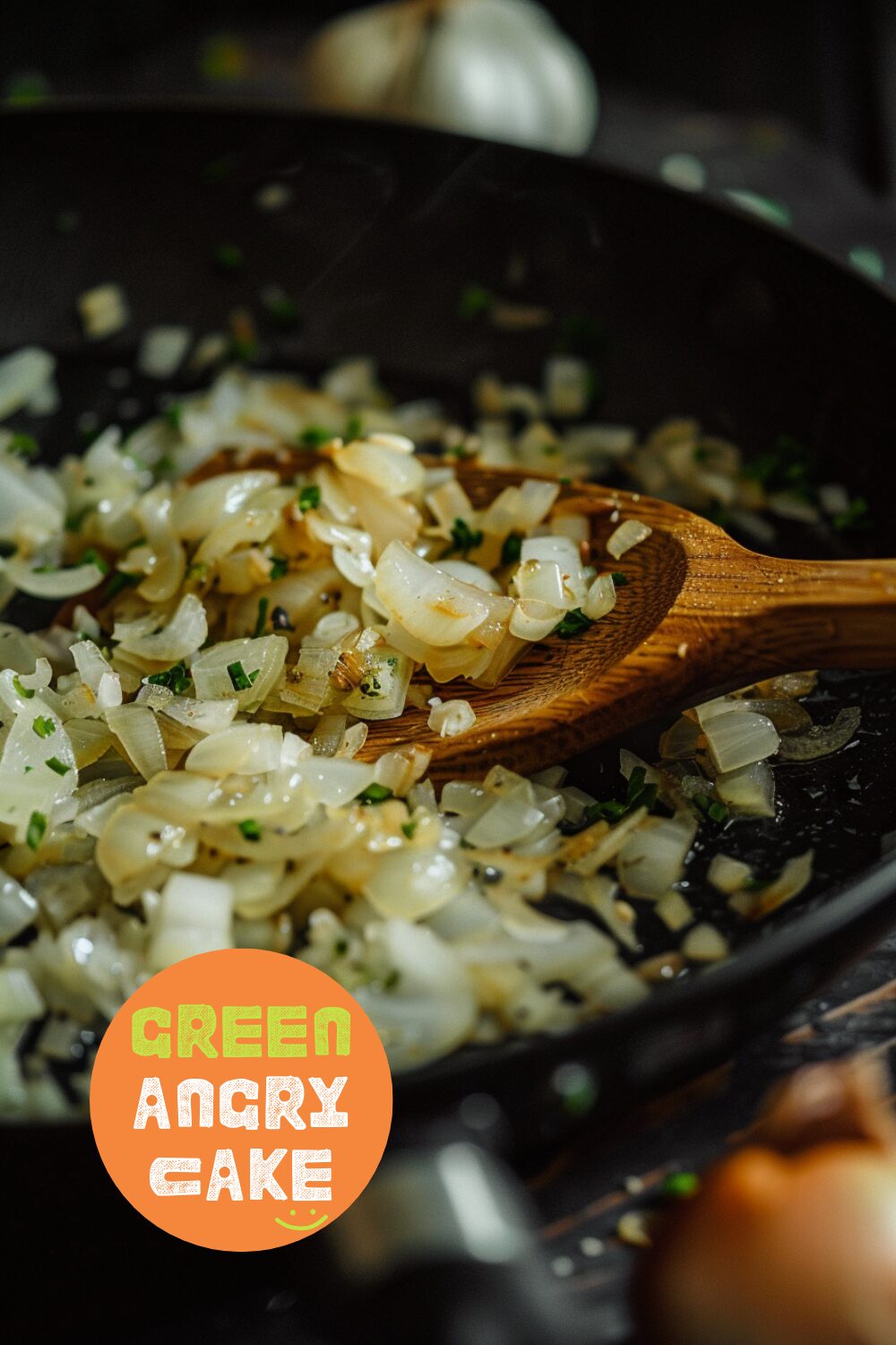 Close-up shot of onions and garlic sautéing in a pan on a dark, black wooden texture surface.