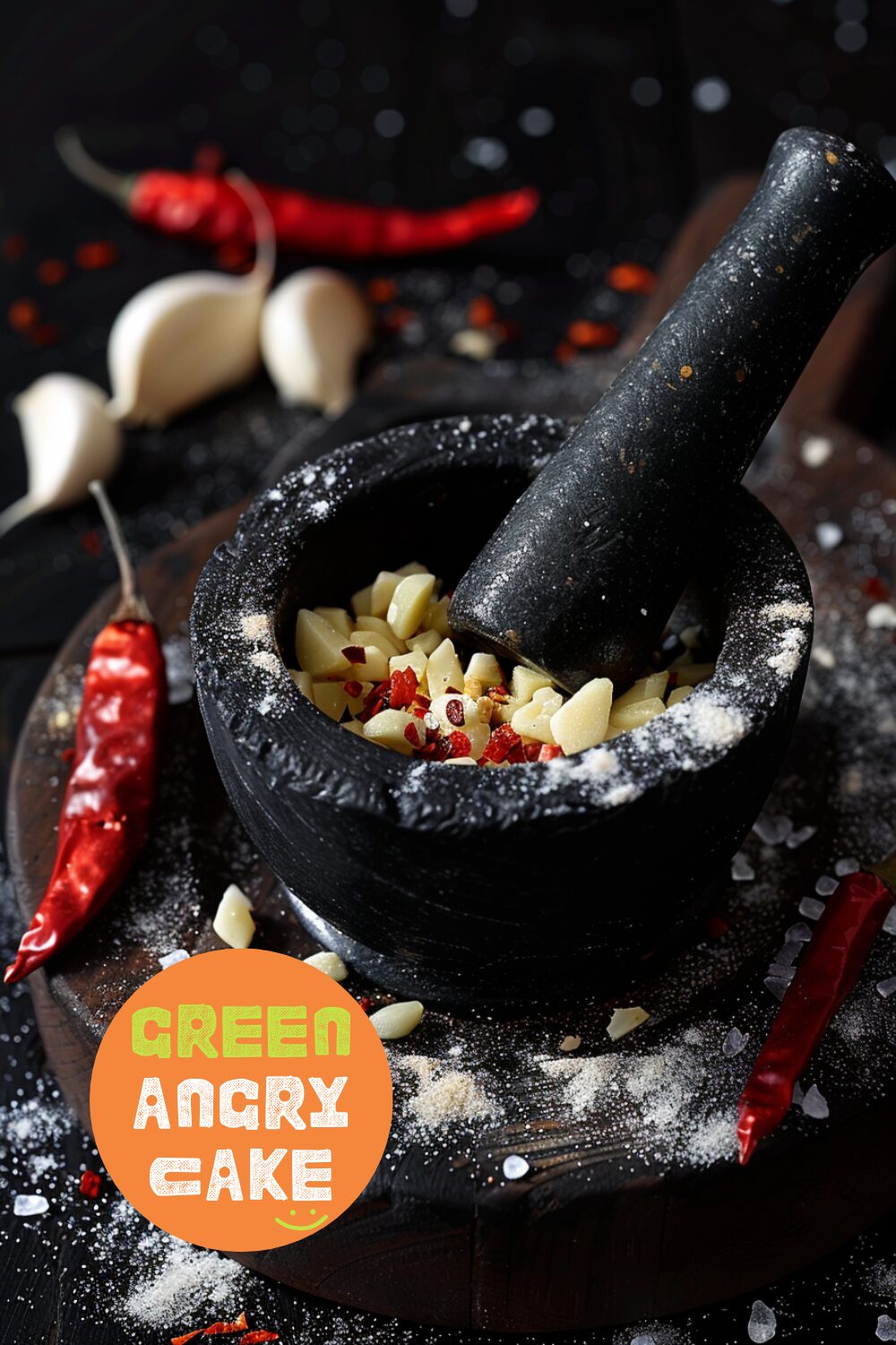 Close-up shot of garlic, chili, and sugar being crushed in a mortar and pestle on a dark, black wooden texture surface.