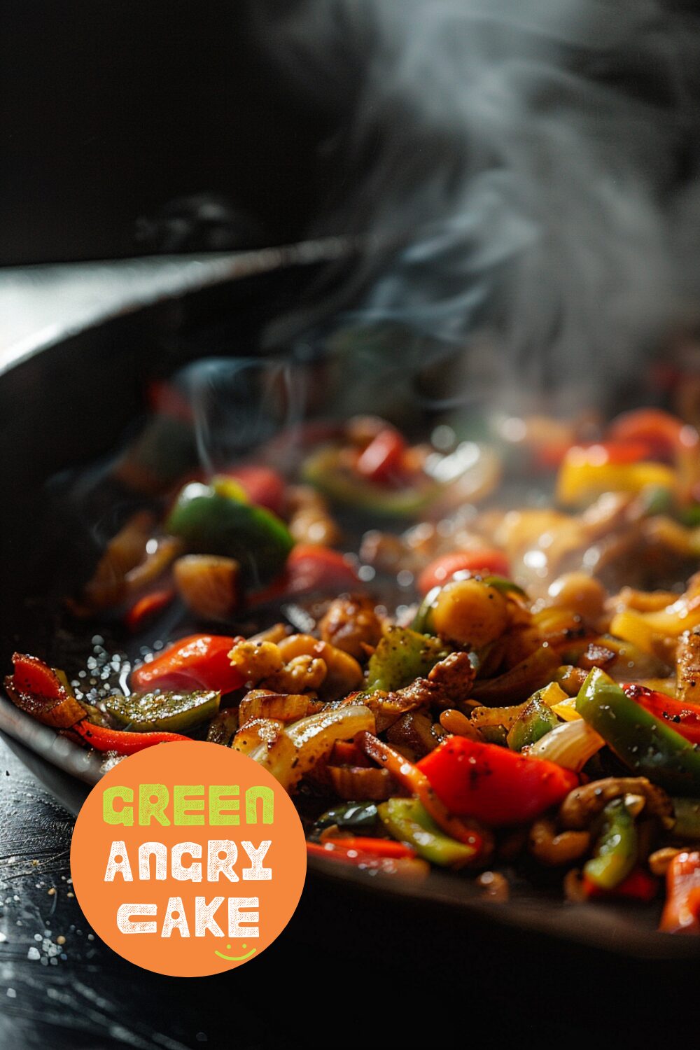 Close-up shot of vegetables searing in a skillet, with a dark wooden background.