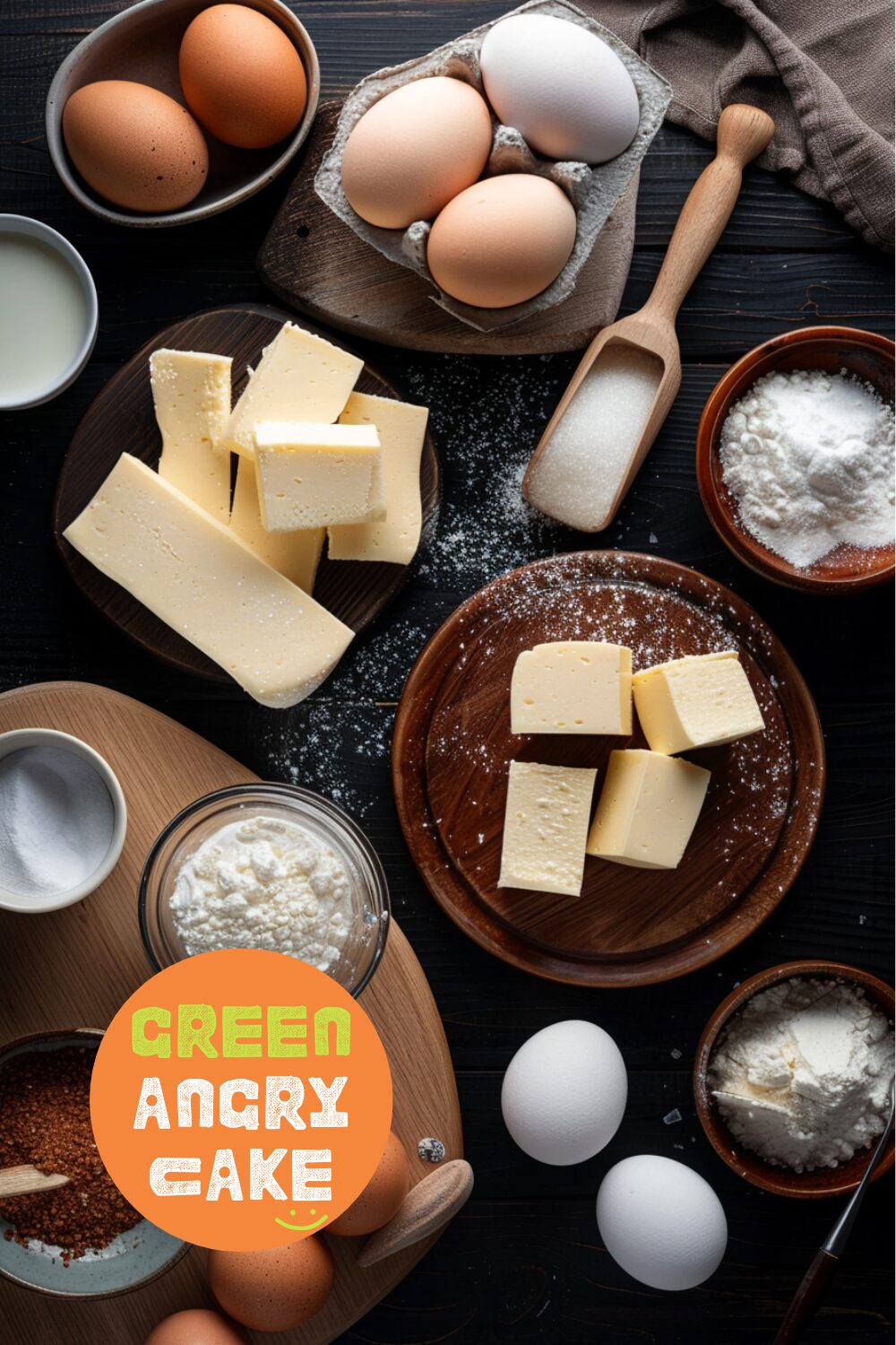 Top-down view of the ingredients for Basque cheesecake including cream cheese, sugar, eggs, heavy cream, and a mixing bowl, laid out on a dark wooden surface