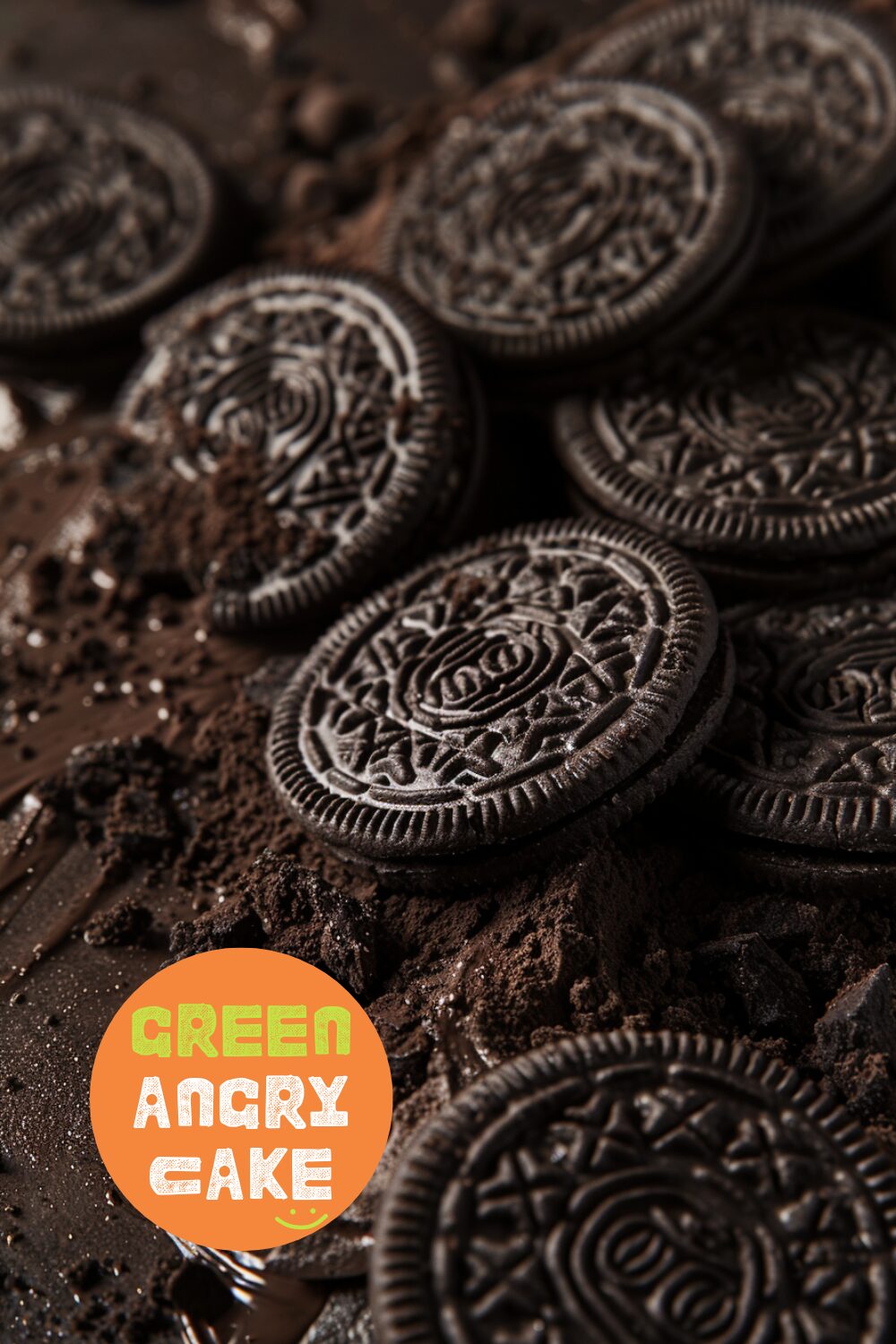 Close-up side view of the Oreo crust being pressed into an 8x8 inch pan, set on a dark wooden surface.