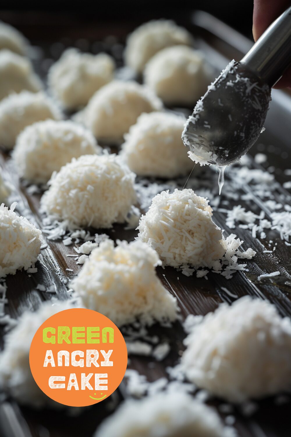 Close-up side view of coconut mixture being scooped onto a parchment-lined baking sheet, set on a dark wooden surface