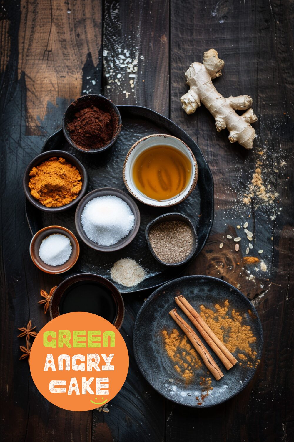 Flat lay of pumpkin spice latte syrup ingredients on a dark wooden surface, including water, sugar, dark brown sugar, cinnamon, ground ginger, ground nutmeg, ground cloves, and canned pumpkin in small bowls