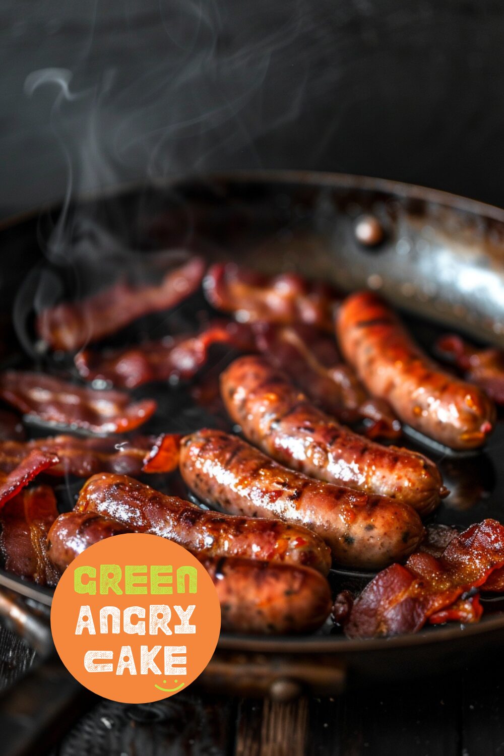 Sausages and bacon cooking in a frying pan on a dark wooden surface, sizzling and browning.