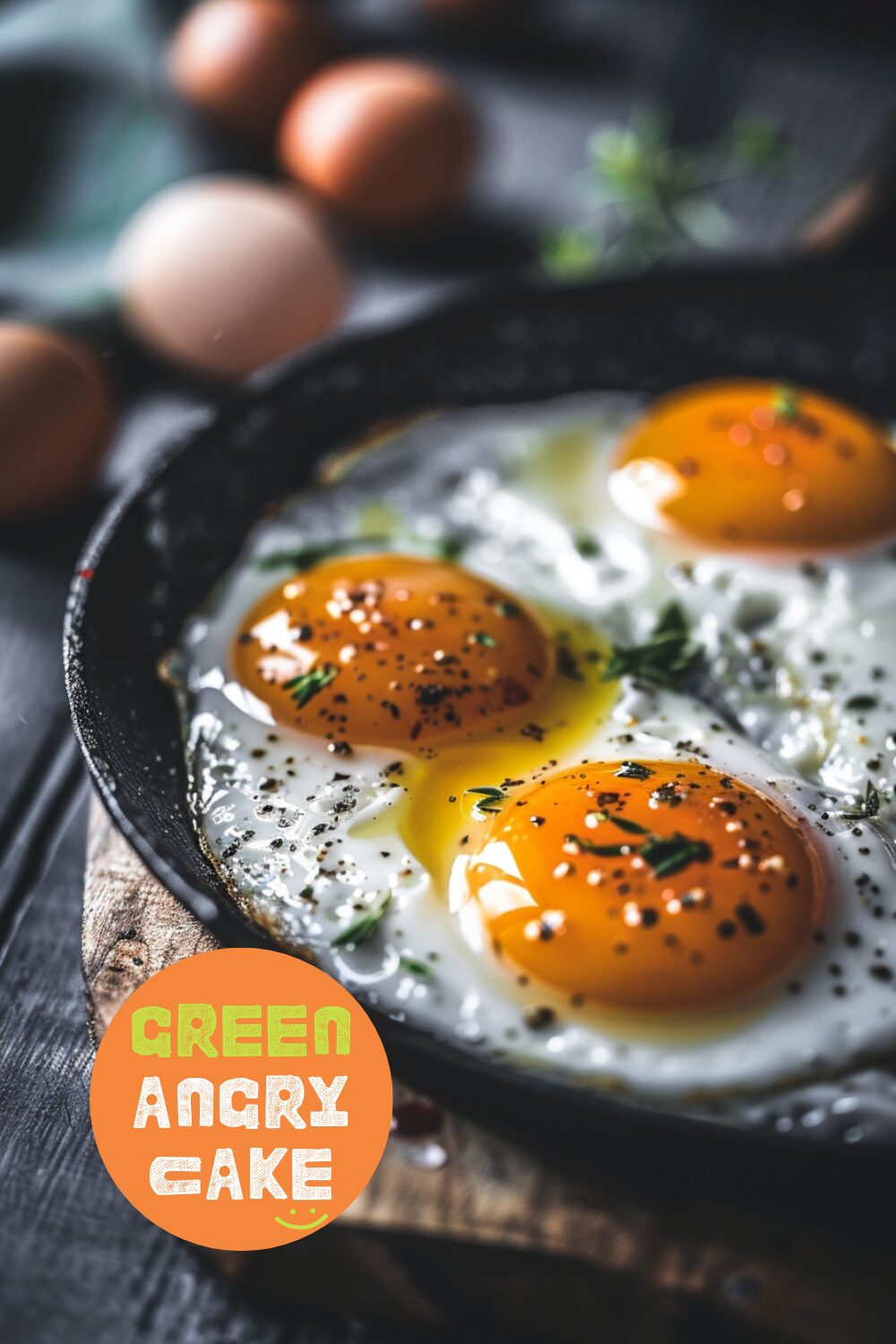 Close-up side view of frying sunny side up eggs in a pan on a dark wooden surface.