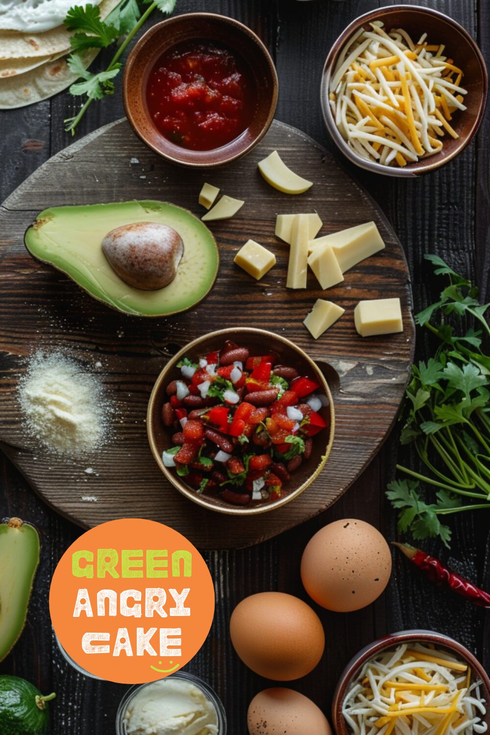 Ingredients for huevos rancheros, including eggs, tortillas, salsa, refried beans, avocado, cheese, and cilantro, laid out on a dark wooden surface