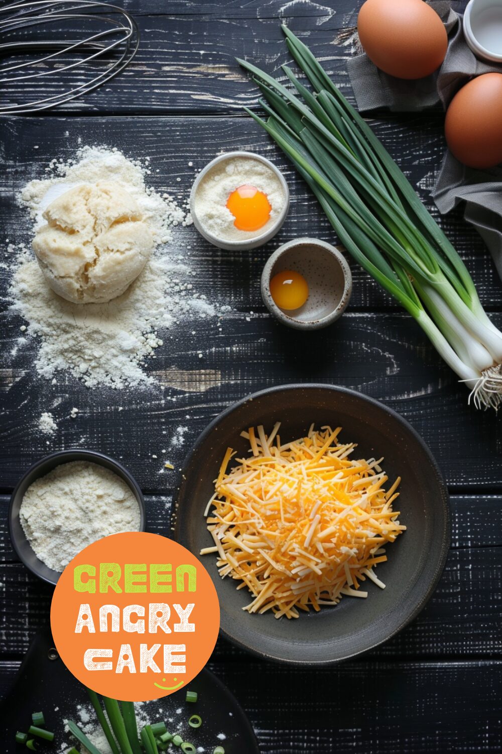 Ingredients for cheddar scallion biscuits (flour, baking powder, salt, garlic powder, butter, shredded cheddar, scallions, buttermilk, egg) arranged on a dark, black wooden texture surface.