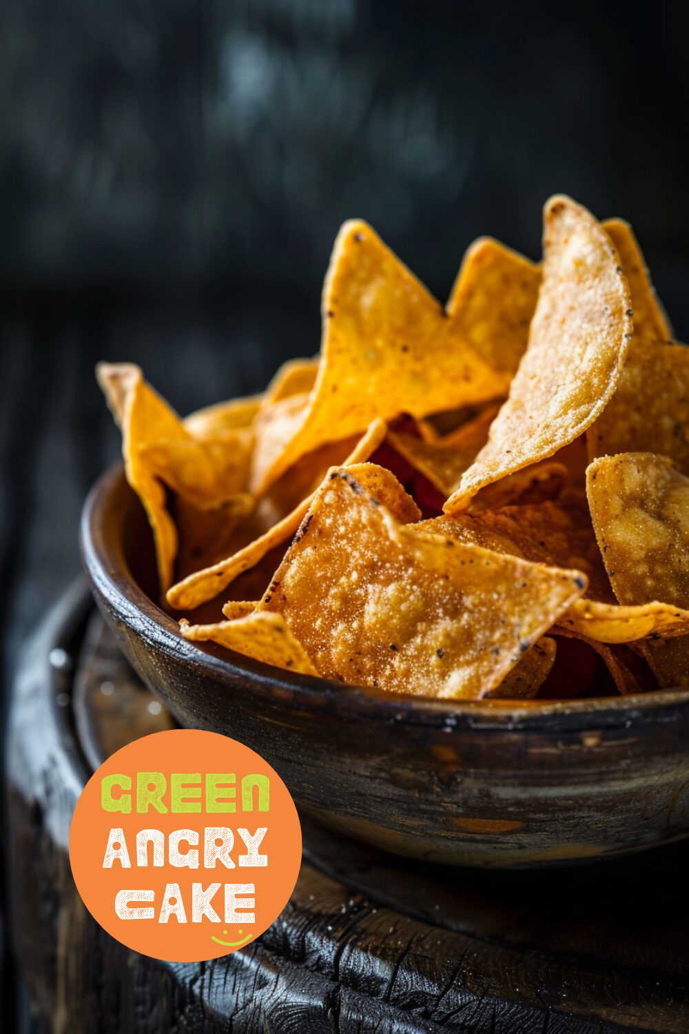 Close-up side view of frying tortilla chips turning golden brown in a pan on a dark wooden surface.