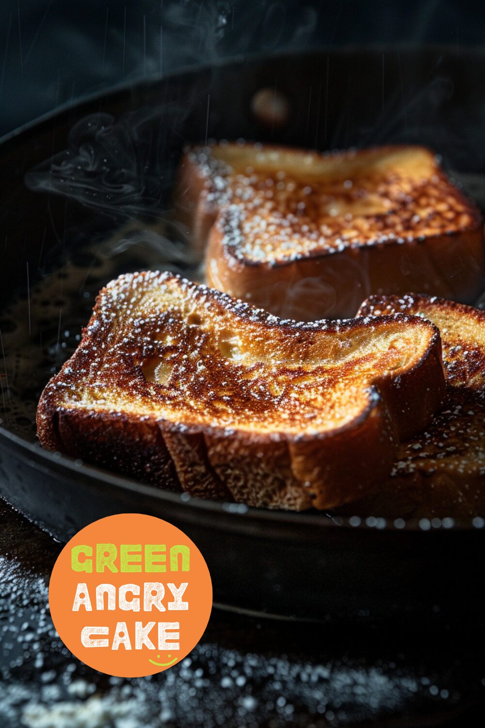 Close-up side view of frying brioche French toast turning golden brown in a pan on a dark wooden surface.