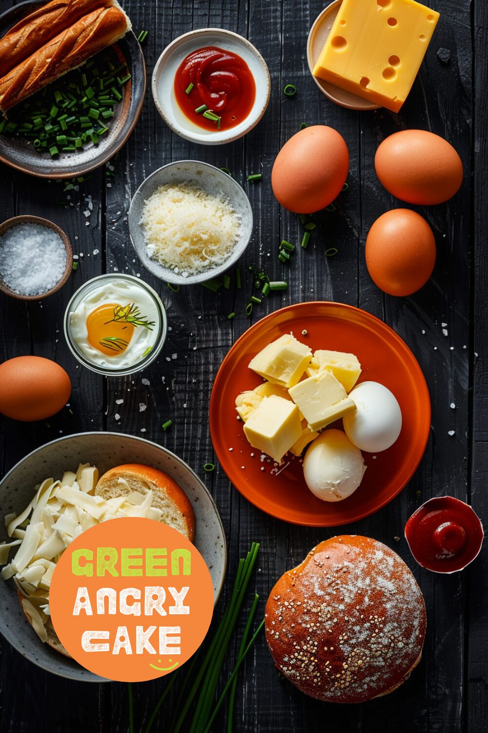 Flat lay of ingredients for a Fairfax Breakfast Sandwich including brioche bun, eggs, American cheese, sliced onions, mayonnaise, sriracha, chives, and butter, arranged on a dark textured surface with a red plate