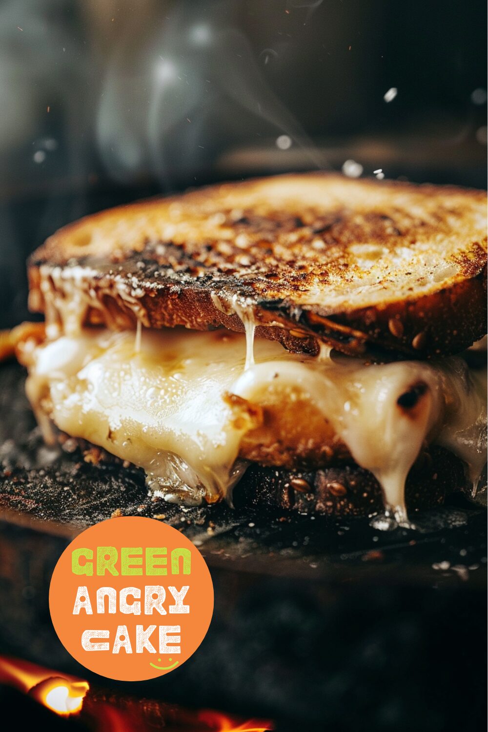 Close-up shot of a cheeseburger and egg grilled cheese sandwich being grilled on a pan, showing the golden-brown crust and melted cheese.