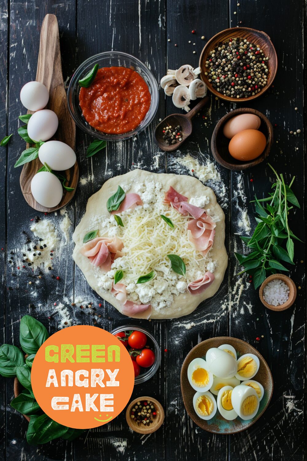 Ingredients for breakfast pizza laid out on a dark wooden surface: pizza dough, quail eggs, shredded mozzarella, pizza sauce, ham, fresh basil, and red pepper flakes