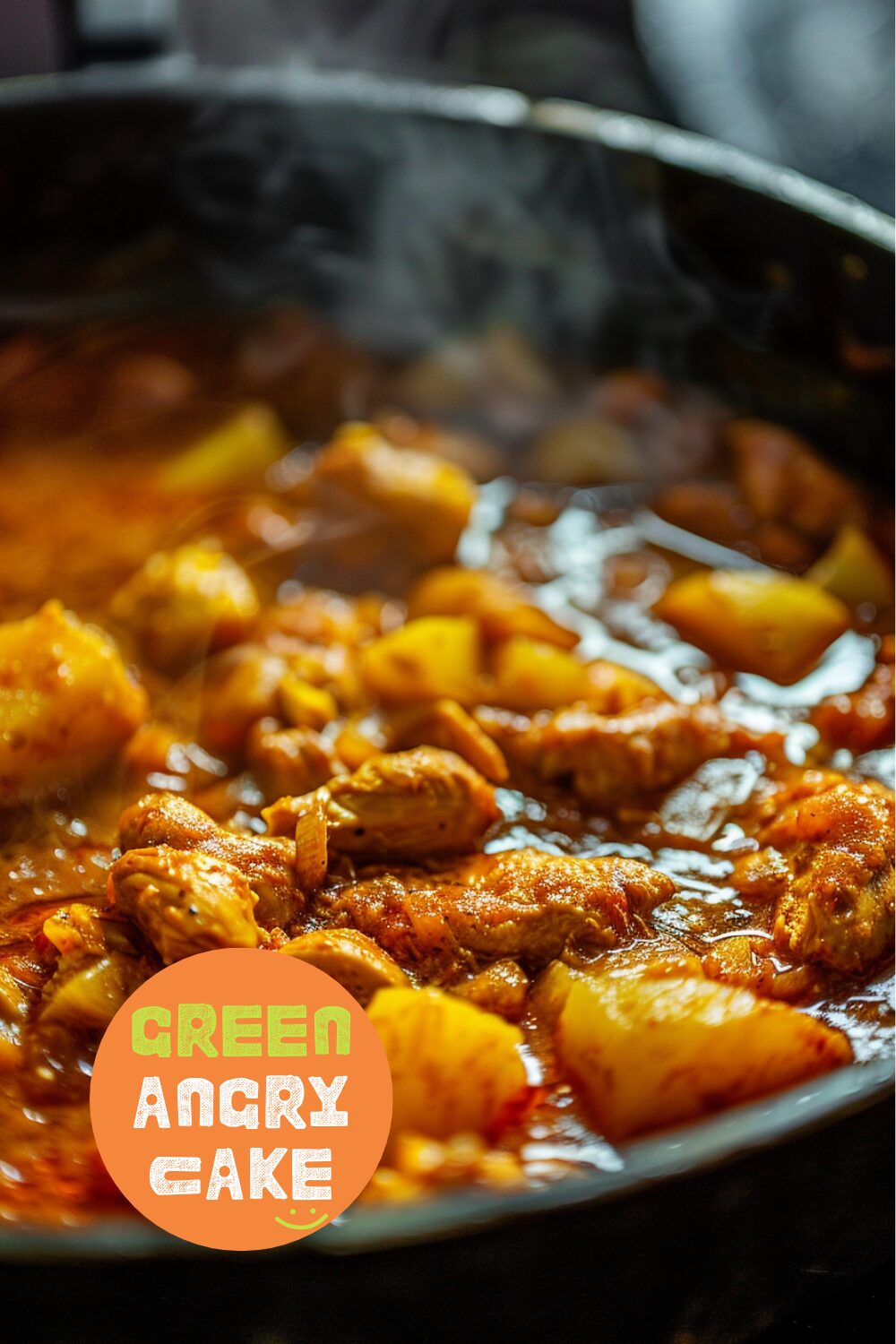 Close-up side view of a pot of simmering coconut chicken curry with visible chunks of chicken and potatoes, set on a dark, black wooden texture surface.