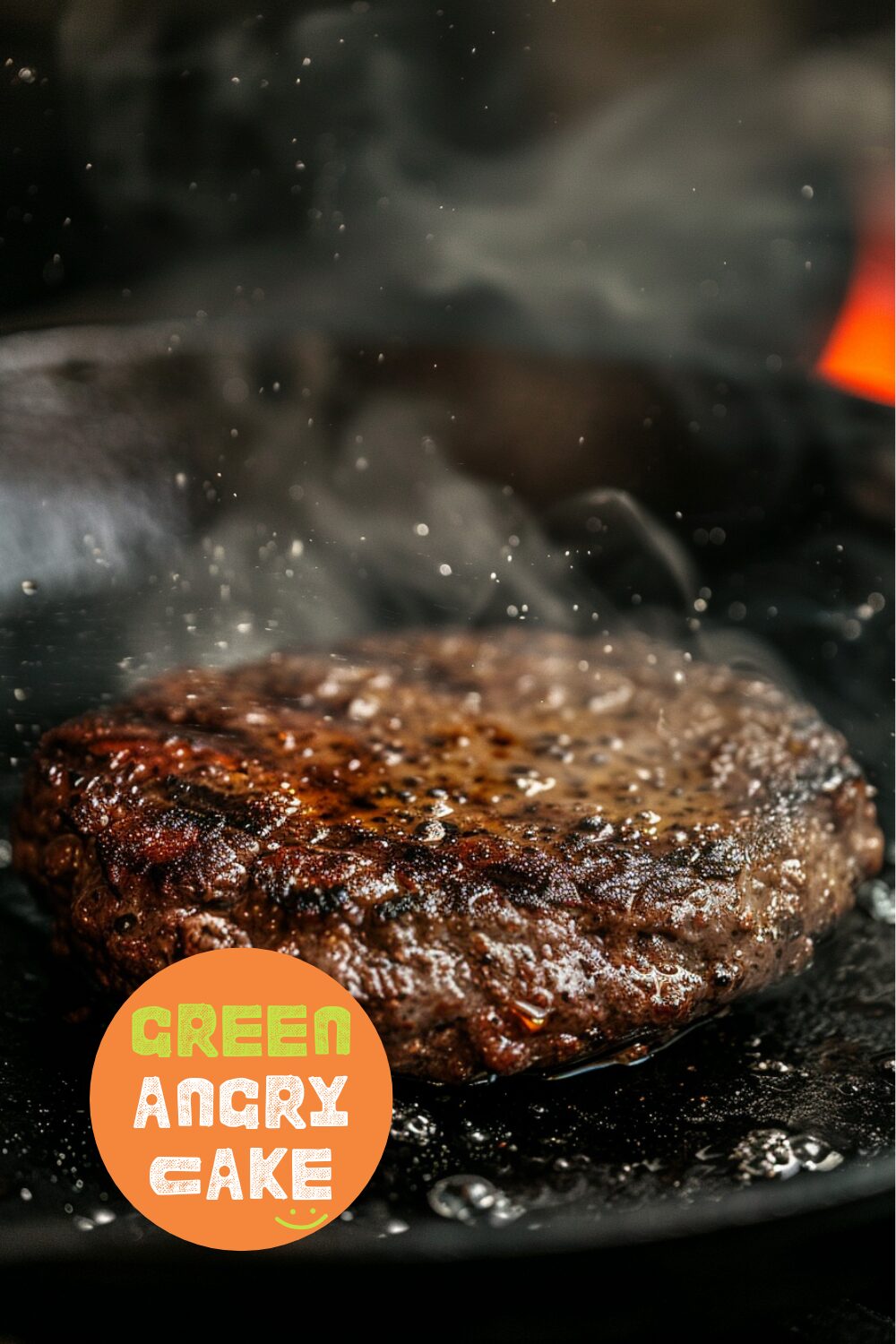 Close-up side view of the burger patty cooking in a cast iron pan, showcasing the searing process with a bokeh effect in the background.