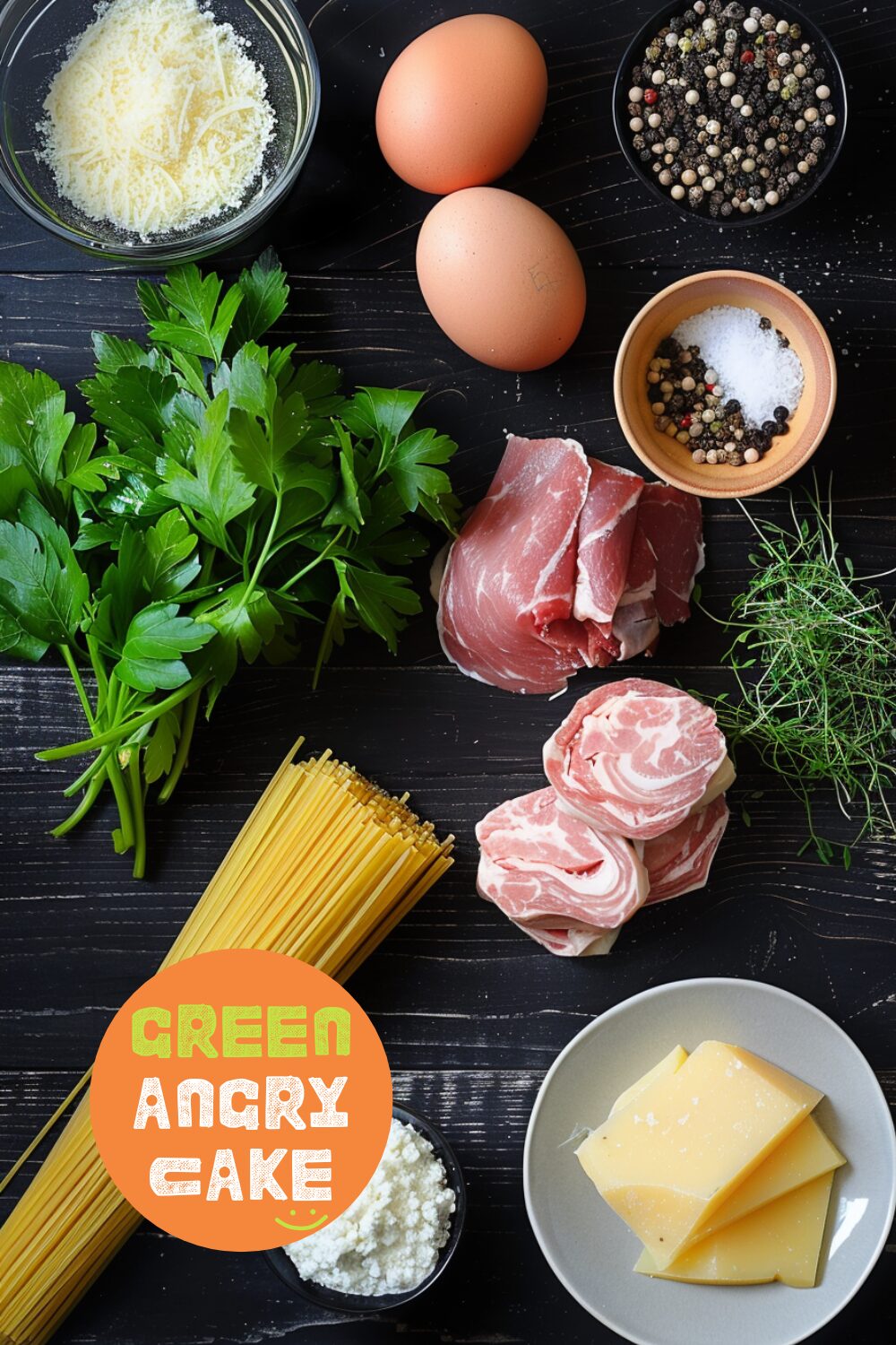 Ingredients for Porchetta Carbonara laid out on a dark, black wooden surface, including chopped porchetta, an egg, grated Parmigiano-Reggiano cheese, ground pepper, parsley, and long pasta.