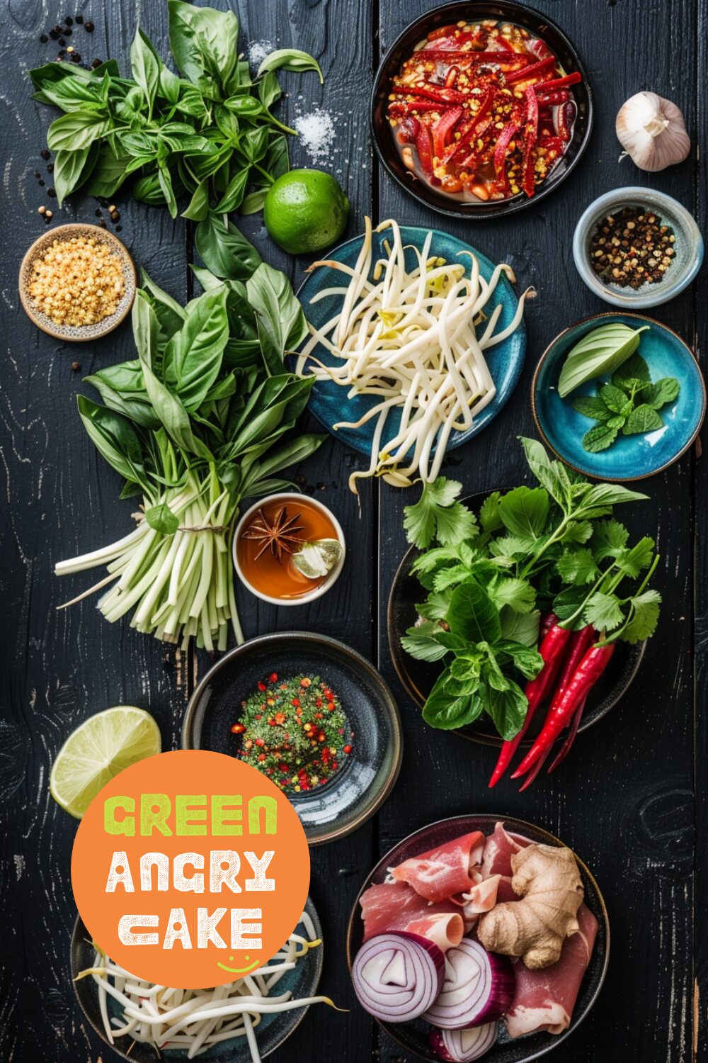 Ingredients for pho laid out on a dark, black wooden texture surface, including rice noodles, beef bones, finger meat, charred onions, ginger, spices, fresh herbs (Thai basil, cilantro), and limes.