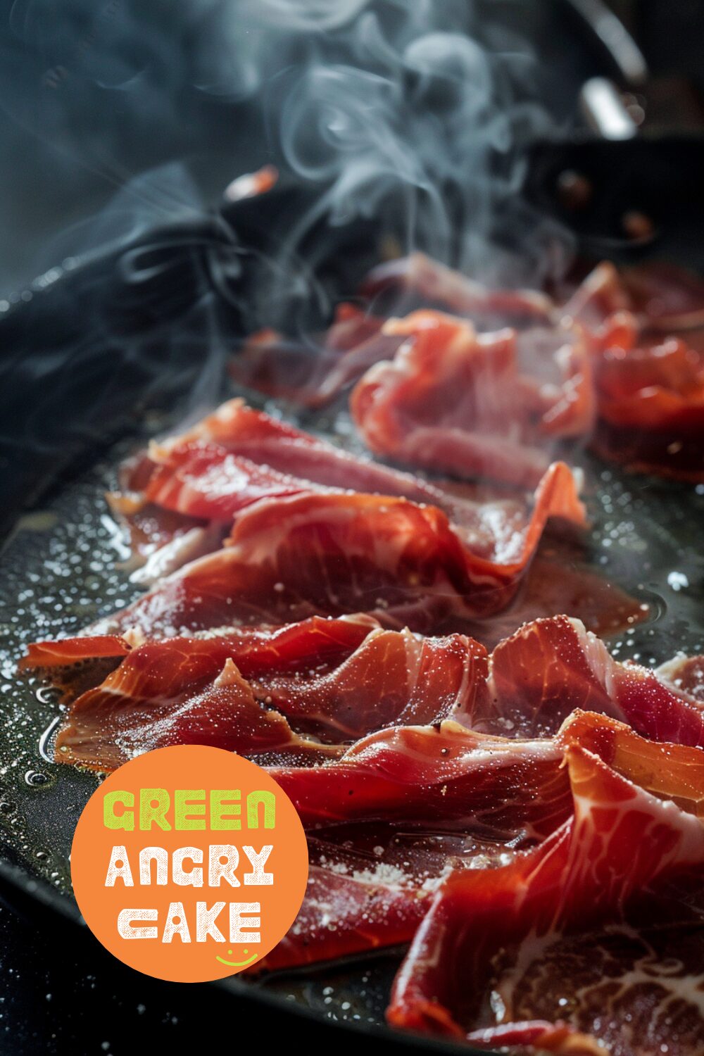 Close-up shot of prosciutto being fried in a pan until crisp, with a dark, black wooden surface in the background.