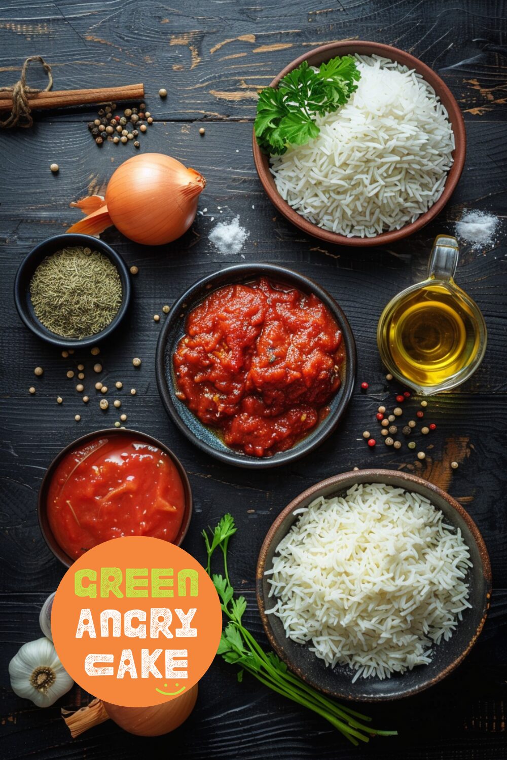 Ingredients for Mexican rice laid out on a dark, black wooden texture surface, including onion, garlic, long grain rice, cumin, Mexican oregano, tomato sauce, and oil.