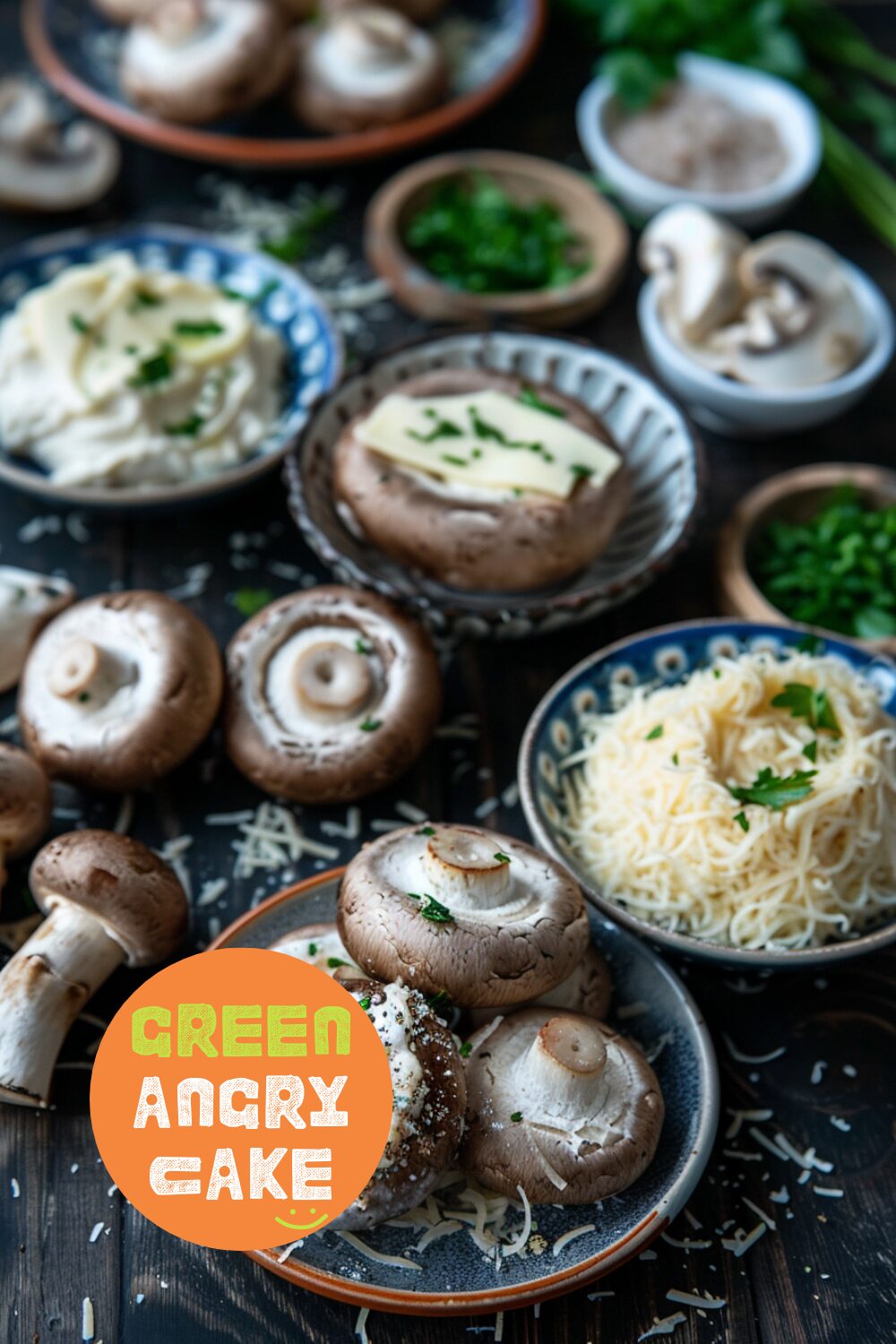 Ingredients for Umami Bomb Stuffed Mushrooms laid out on a dark, black wooden surface: whole mushrooms, butter, cream cheese, mayo, white miso, grated parmesan, and parsley.