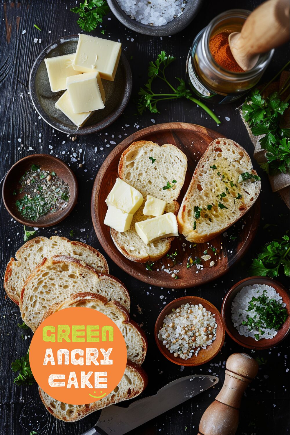 Ingredients for making Texas toast, including thick-cut bread slices, butter, garlic powder, dried parsley, salt, and pepper, laid out on a dark, black wooden background.