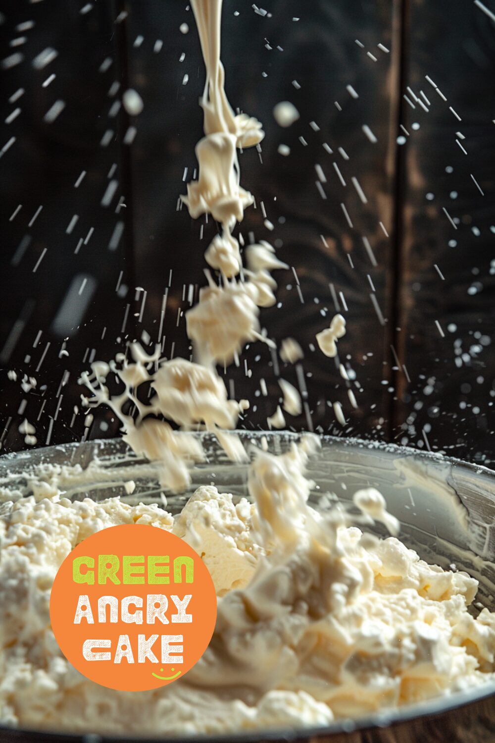 Close-up side view of cream cheese and sugar being mixed in a stand mixer, creating a smooth and lump-free mixture, set on a dark wooden surface.