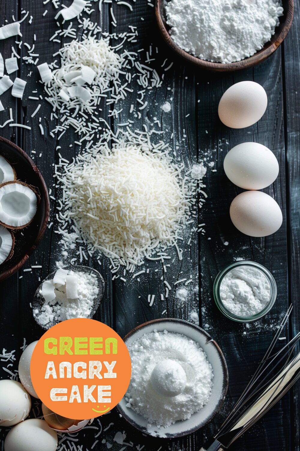 Top-down view of the ingredients for coconut macaroons including shredded coconut, sugar, flour, and egg whites, laid out on a dark wooden surface."