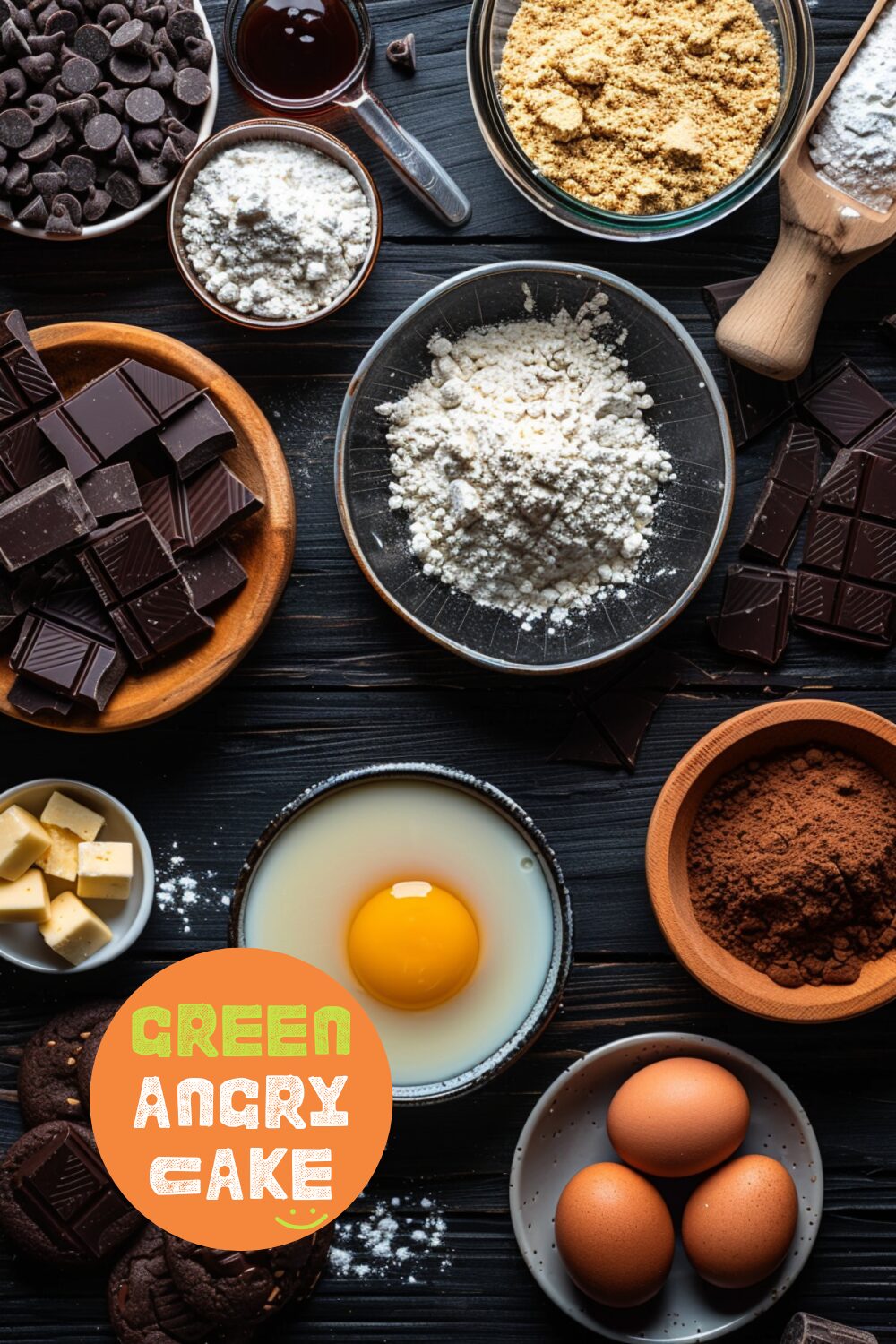 Top-down view of the ingredients for brown butter chocolate chip cookies including flour, baking soda, salt, butter, brown sugar, sugar, egg, vanilla, and chopped chocolate, laid out on a dark wooden surface