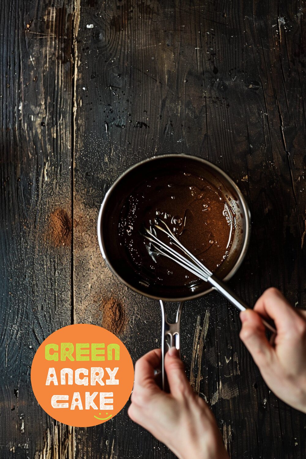 Hands stirring pumpkin spice latte syrup in a small saucepan on a dark wooden surface. The syrup is gently bubbling, and the spices are being mixed in