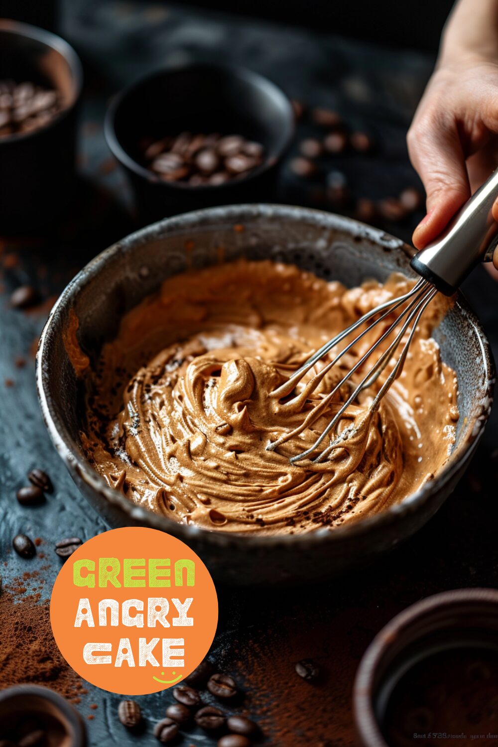 Hands using a hand mixer to whip the dalgona coffee mixture in a bowl, on a dark wooden surface. The image has a beautiful bokeh effect in the background, captured with a Canon EOS R5 and 85mm f/1.2 lens