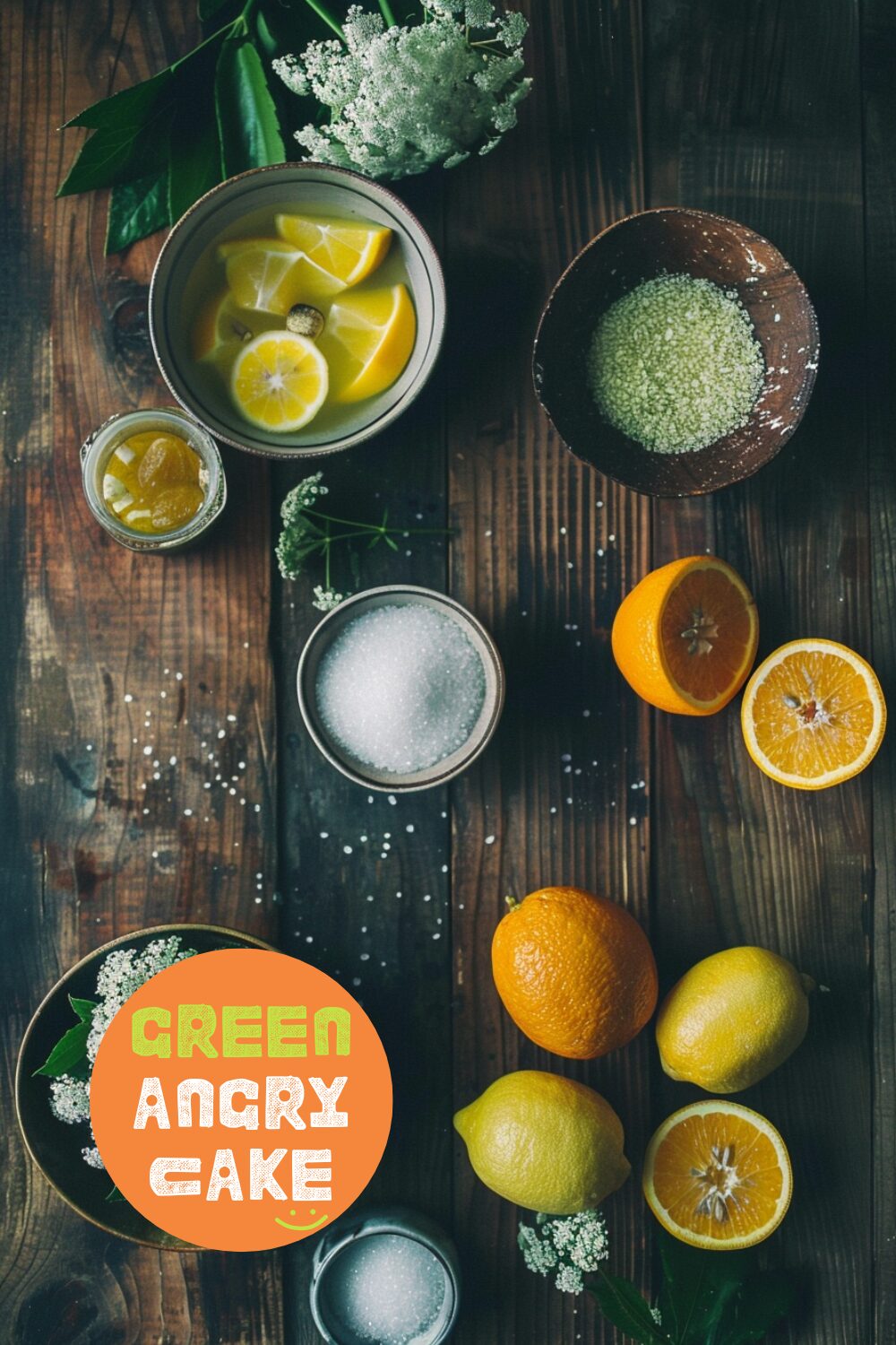 Flat lay of elderflower cordial ingredients on a dark wooden surface, including elderflower heads, caster sugar, citric acid, sliced oranges, and sliced lemons.