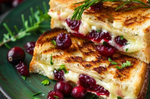 Close-up top-down view of The Cran-Brie: Cranberry and Brie Grilled Cheese on a green plate.