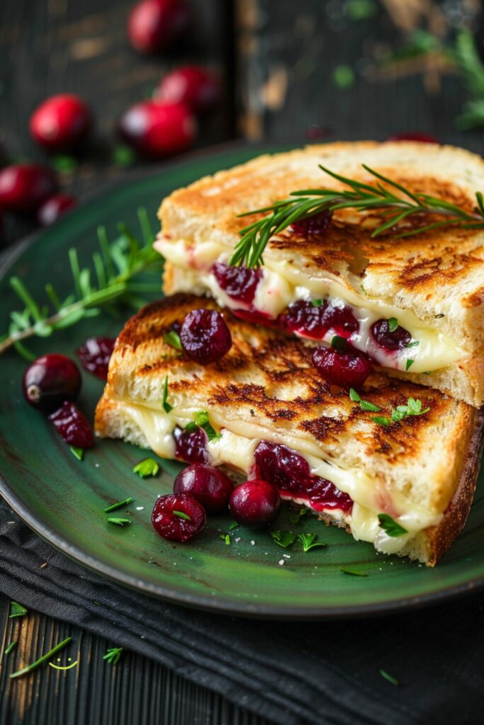 Close-up top-down view of The Cran-Brie: Cranberry and Brie Grilled Cheese on a green plate.