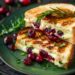 Close-up top-down view of The Cran-Brie: Cranberry and Brie Grilled Cheese on a green plate.