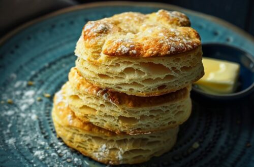 A top-down view of golden brown cheddar scallion biscuits stacked on a dark plate with a small dish of butter on a dark, black wooden texture surface.