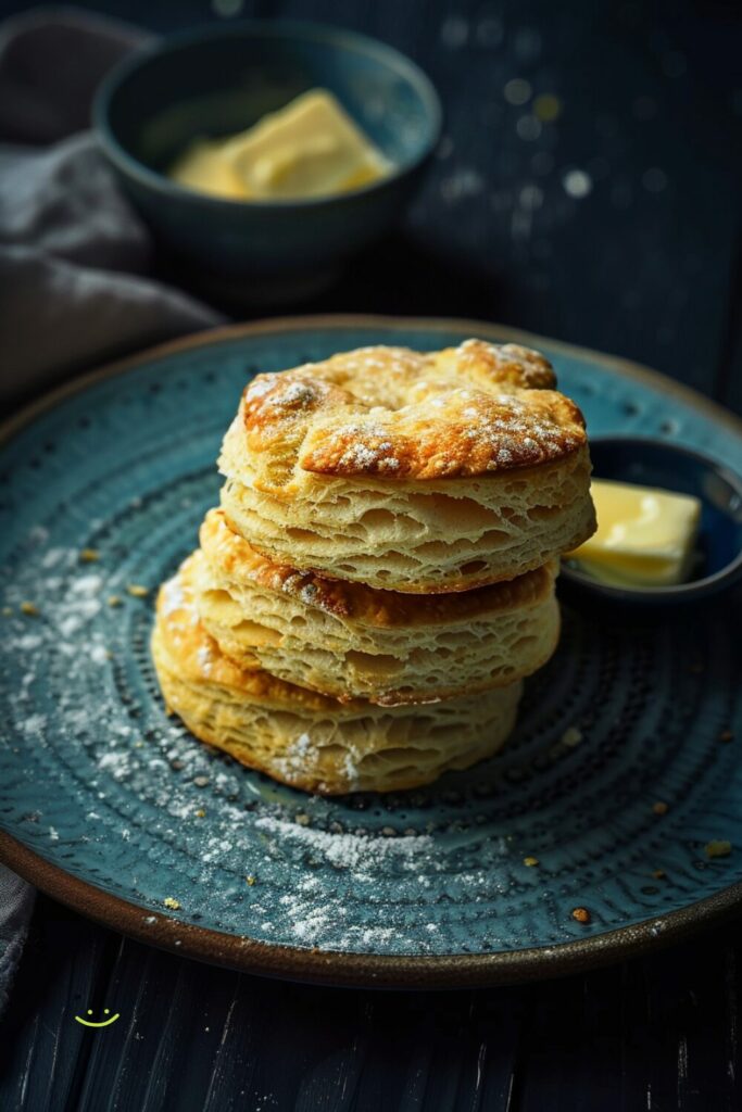 A top-down view of golden brown cheddar scallion biscuits stacked on a dark plate with a small dish of butter on a dark, black wooden texture surface.